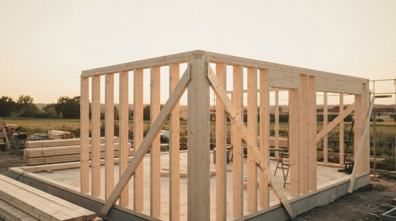 Timber-Rahmen eines Holzständerhauses im Rohbau, Eckansicht auf der Baustelle bei Abendlicht